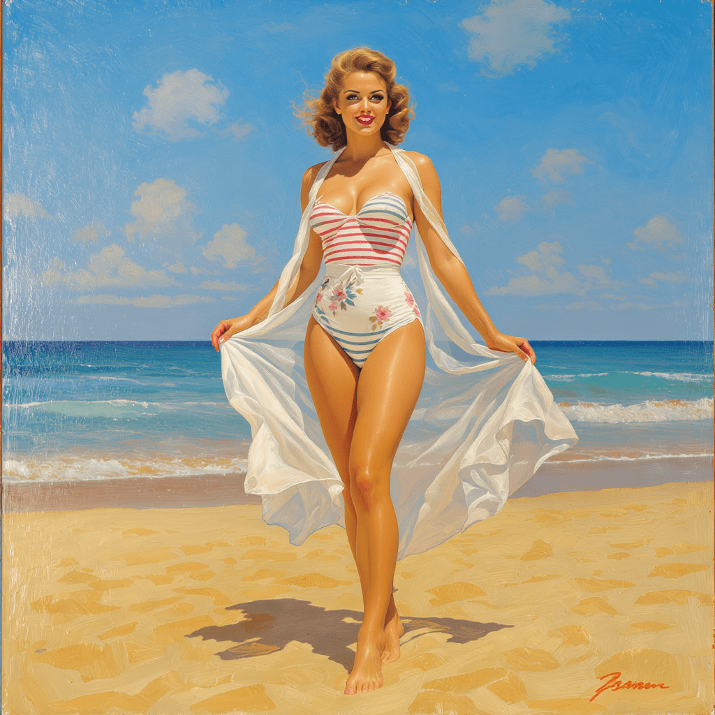 AI generated: A sunlit oil painting in 1950s pin-up style, set on a bright summer beach. A confident woman stands ...