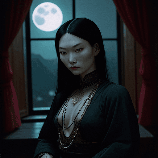 AI generated: analog color film photograph of a Mongolian woman wearing very low cut designer clothing, her long b...