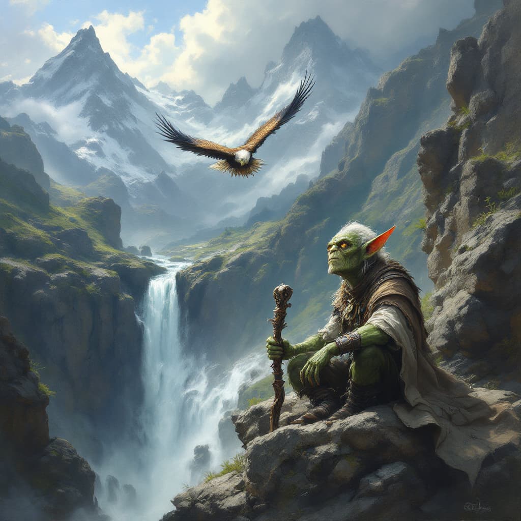 AI generated: A majestic and captivating oil painting that captures the deep connection between a goblin and a reg...