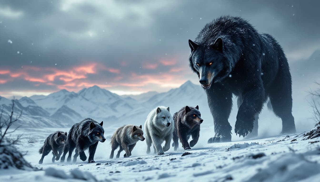 AI generated: "A towering, giant black wolf leads his pack under a gloomy, leaden sky, striding purposefully acros...