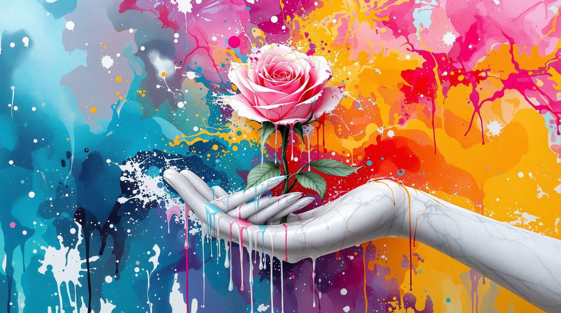 AI generated:  random pose,  two hands white marble skin, giving   a   rose ,the flower is made of dripping liquid...