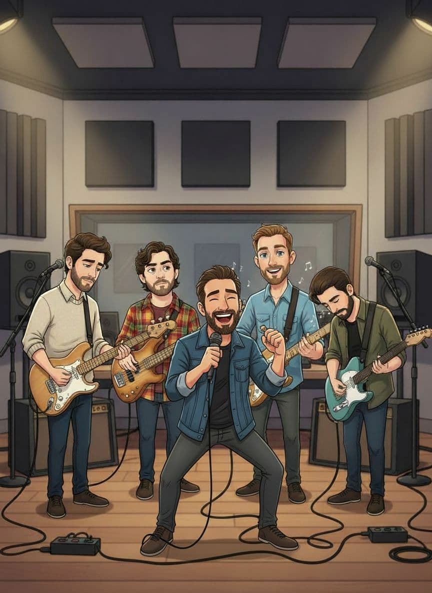 AI generated: "Add the new character from the input image to the existing group illustration as the LEAD SINGER.
...