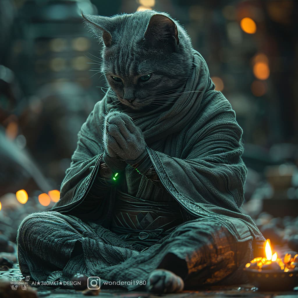 AI generated: a close-up of a realistic anthropomorphized cat paw dressed in ninja attire is meditating in a tranq...