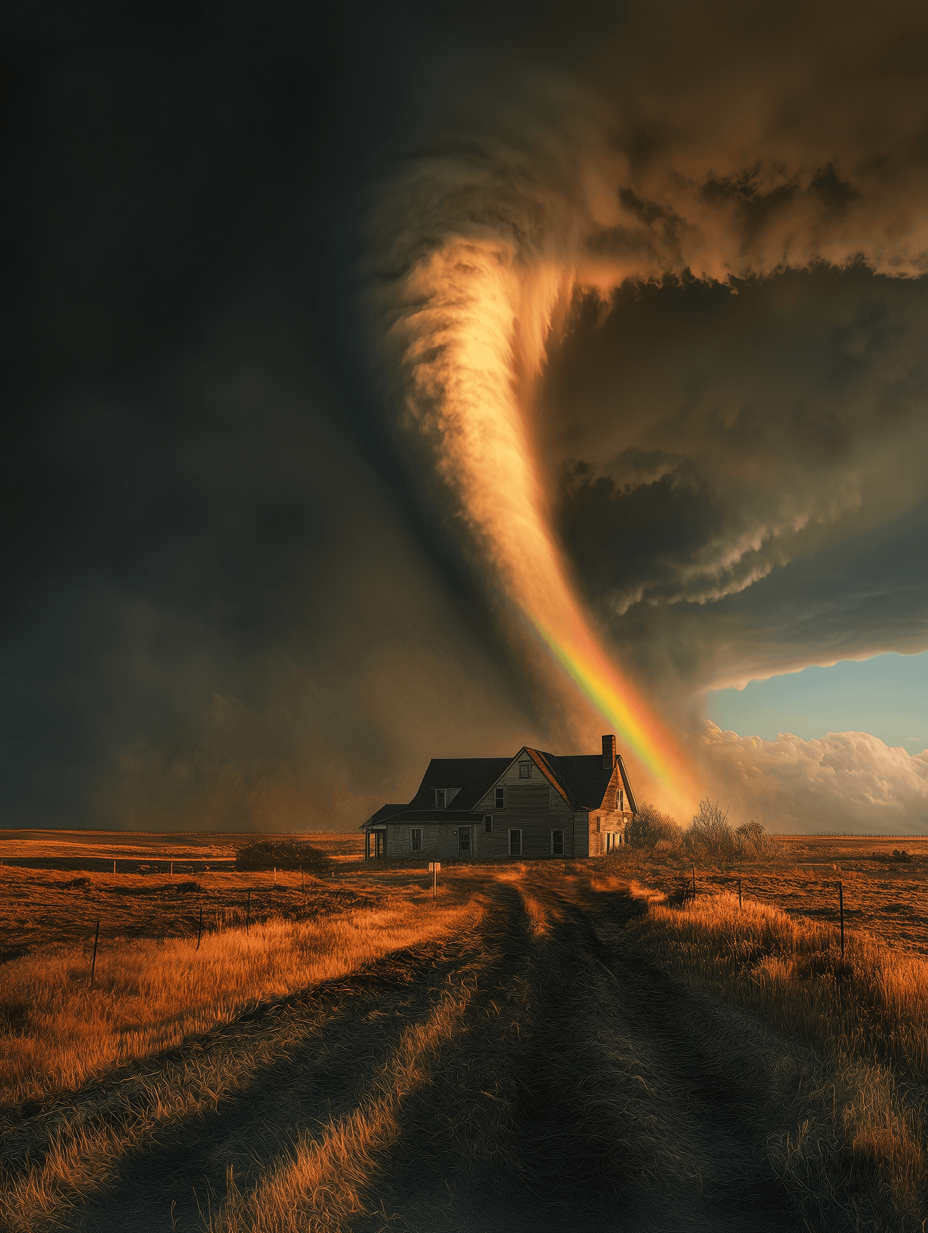 AI generated: A giant tornado looming over an old farmhouse, with a vibrant rainbow in the sky, in the style of Na...