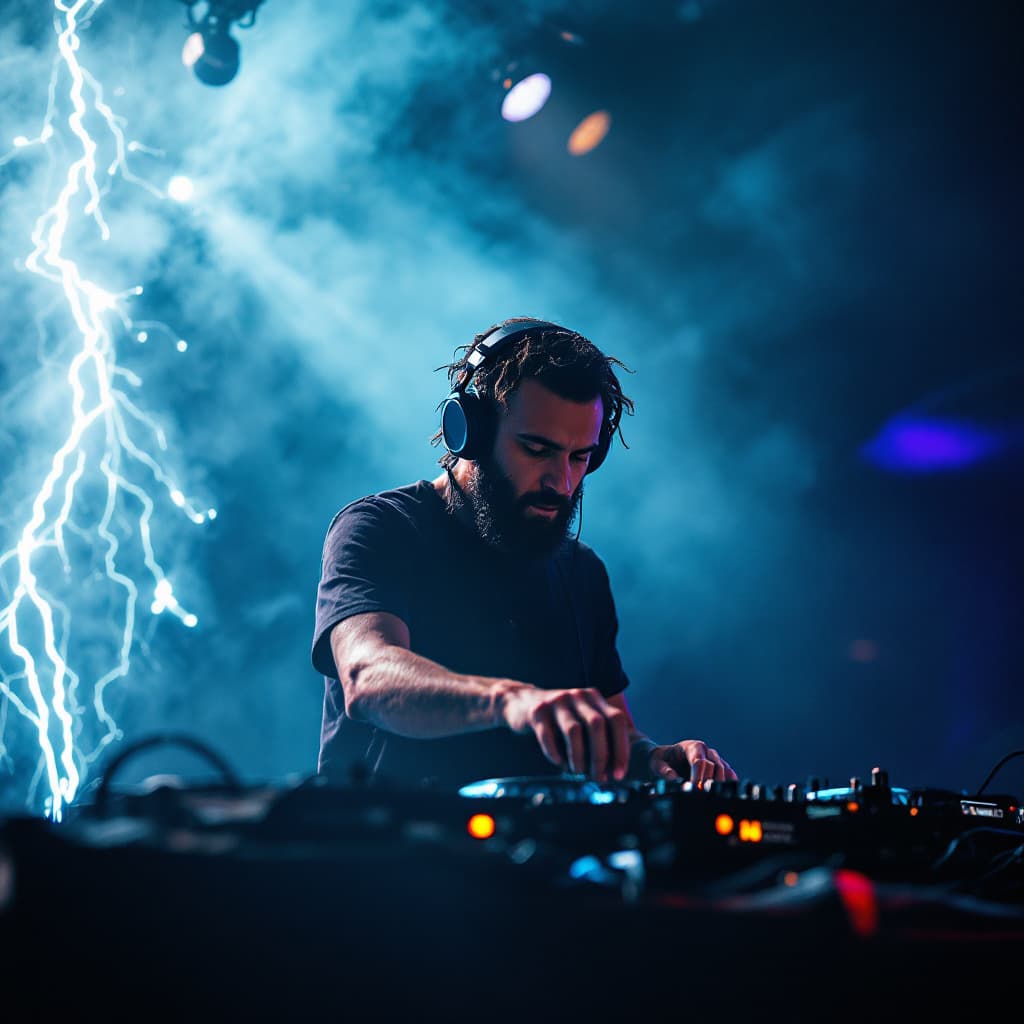AI generated: dj hombre mirando atras de espaldas con auriculares, manejando consola de sonidos
enfrentado a una t...