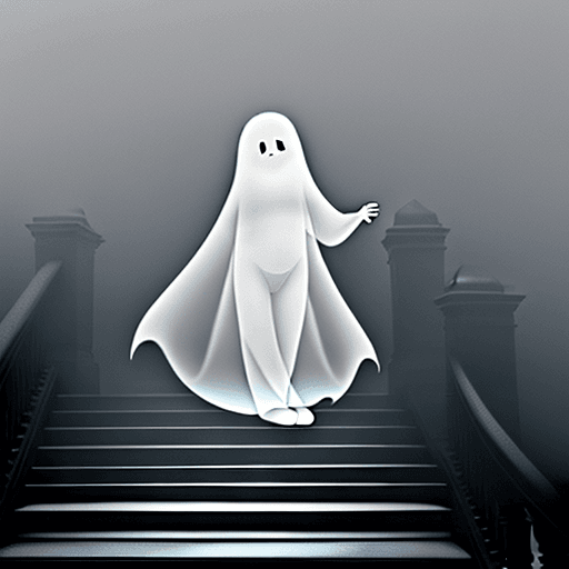 AI generated: A friendly cartoon transparent ghost hovering on a staircase in the mist. Grey background
