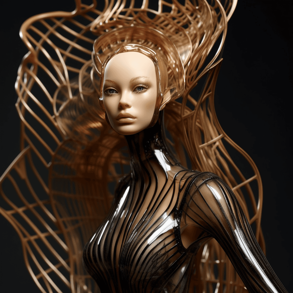 AI generated: Barbie doll Mattel by Iris van Herpen, full body --no text, extra fingers, mutated hands, poorly dra...