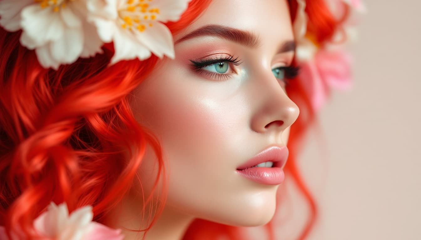 AI generated: Retrato feminino, jovem, com pele clara e cabelos vermelhos vibrantes, elaboradamente penteados e ad...