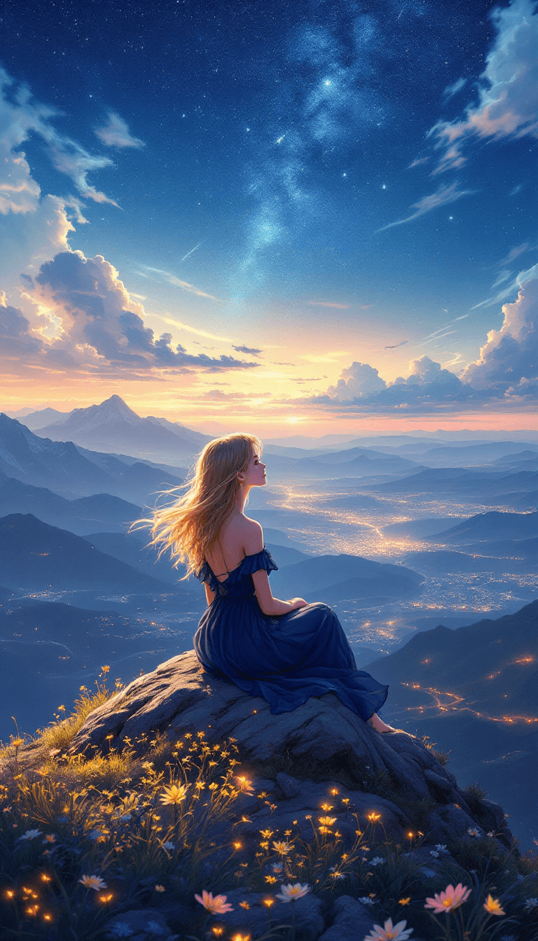 AI generated: A breathtaking anime-style illustration of a young blonde woman sitting on a high mountain peak unde...