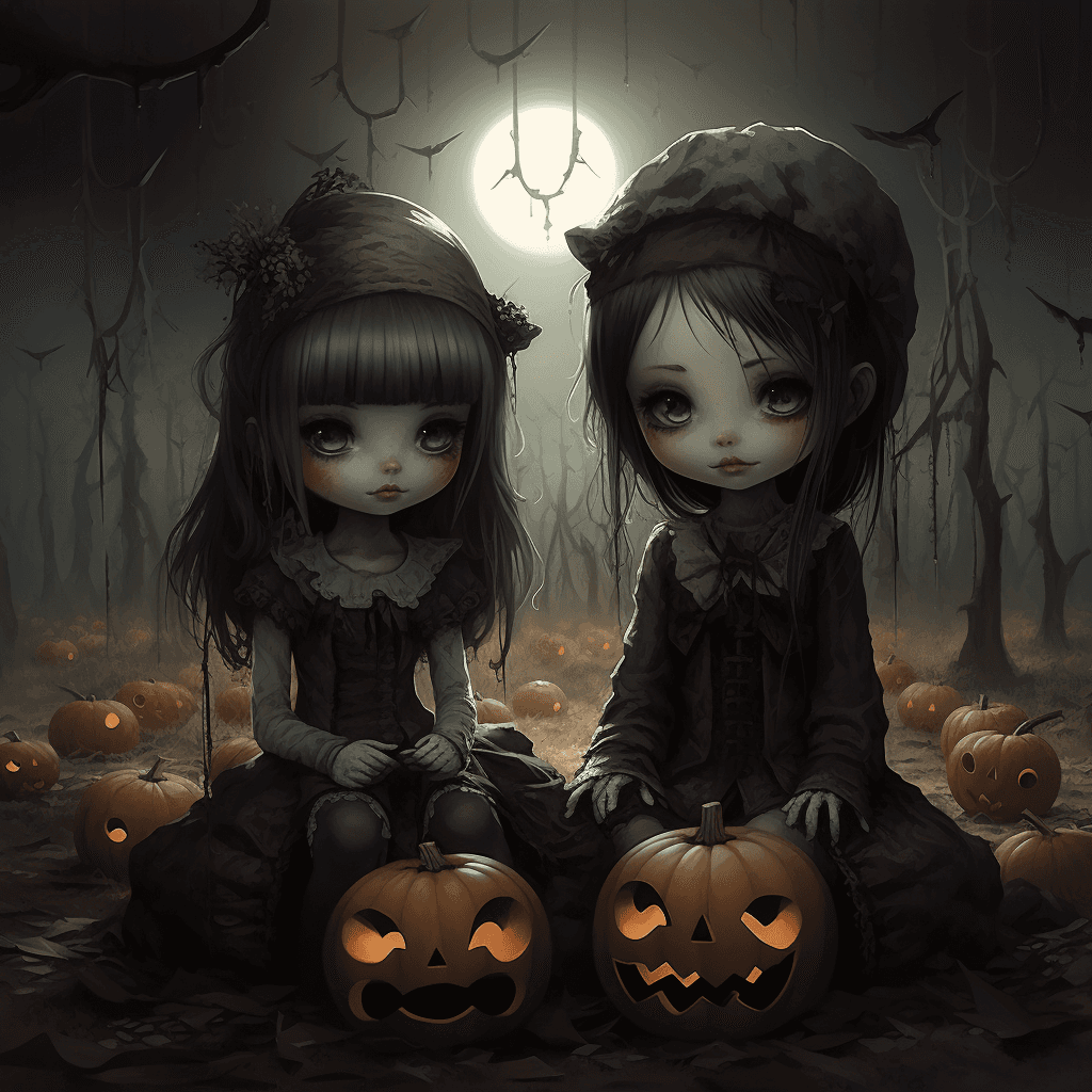 AI generated: Two cartoon Halloween girls with scary pumpkins, on the ground, in the style of yanjun cheng, monoch...