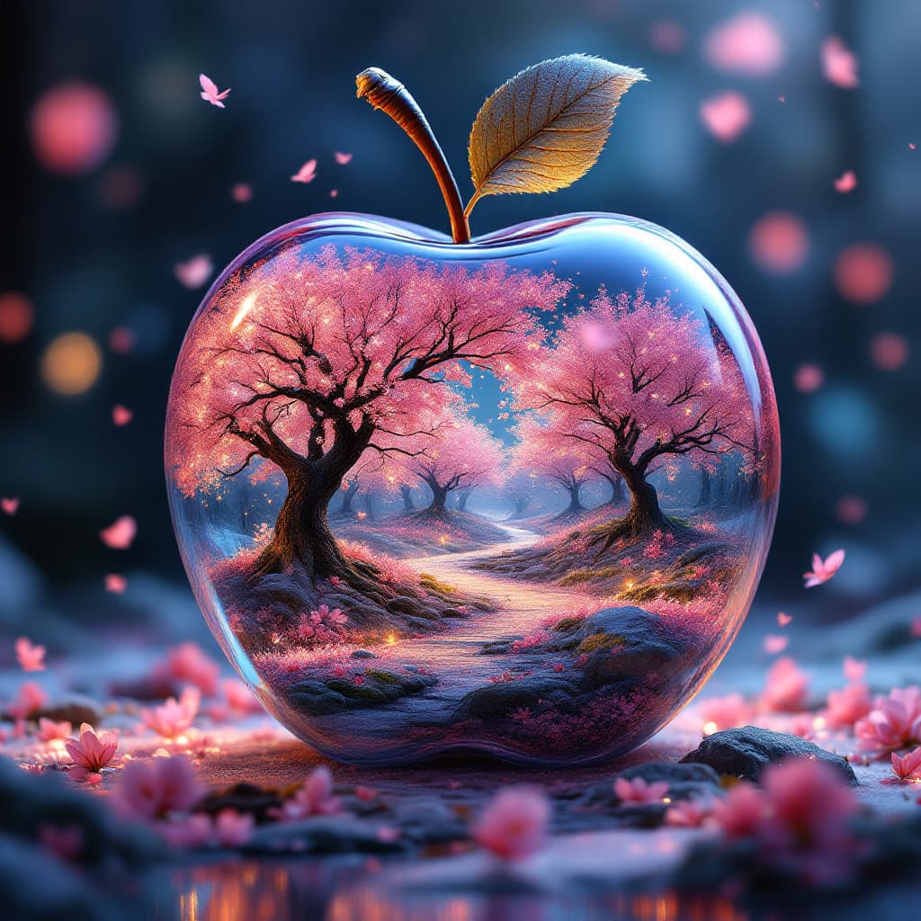 AI generated: beautiful cherry blossom winter summer and spring fantasy world inside of a crystal apple, hyperdeta...