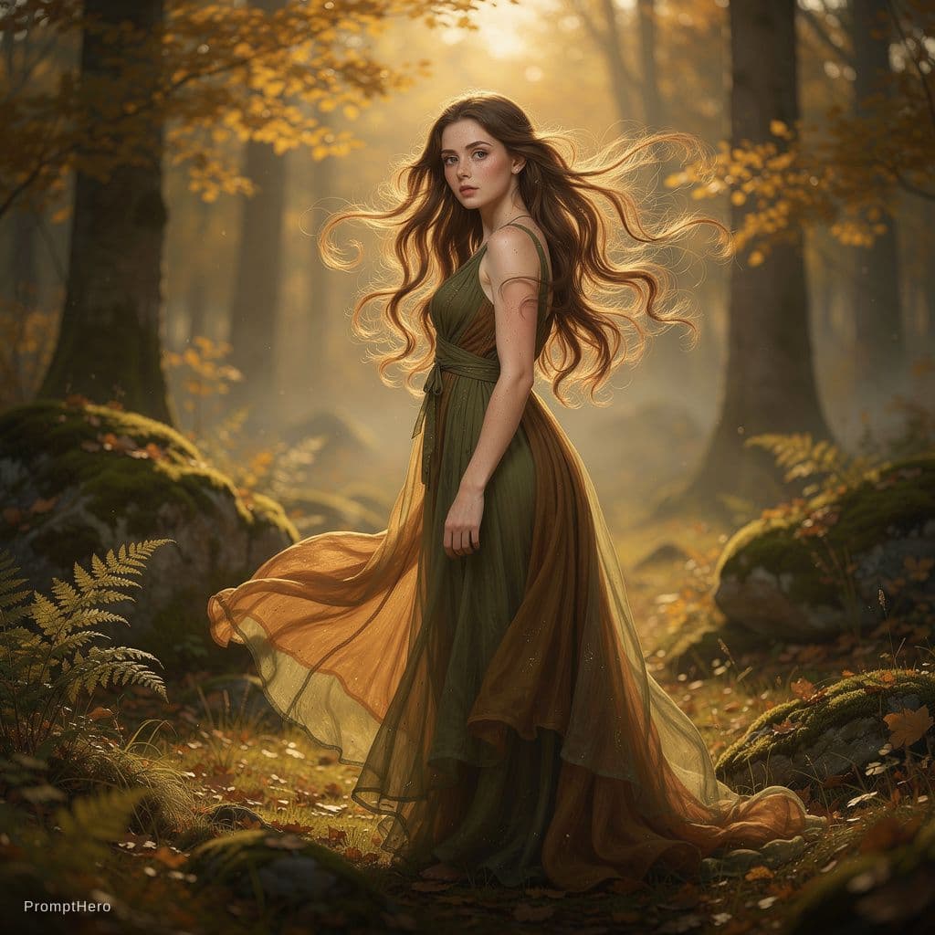 AI generated: A striking young female stands in a sun-dappled forest clearing, her long, wavy hair cascading over ...