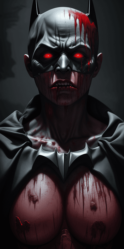 AI generated: 8k Studio Photography, work over Batman, bloody face, open flesh wounds, Scary Creepy (Grisly) Omino...