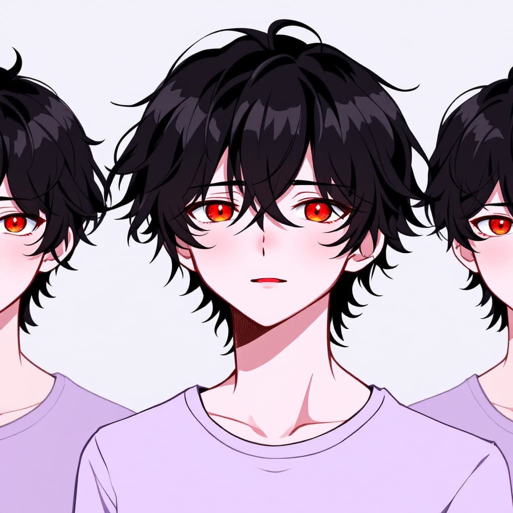 AI generated: Three versions of the same anime boy with different emotions: short wavy black hair, bright red eyes...