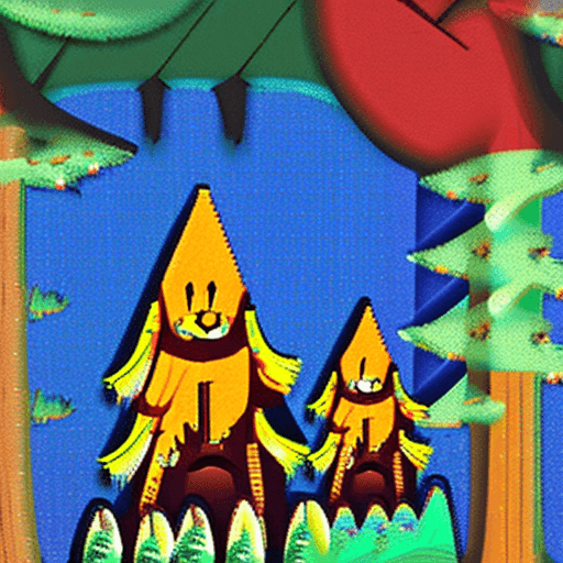 AI generated: Create a depiction of an enchanting green forest where in the distance, five young cartoonish bears ...