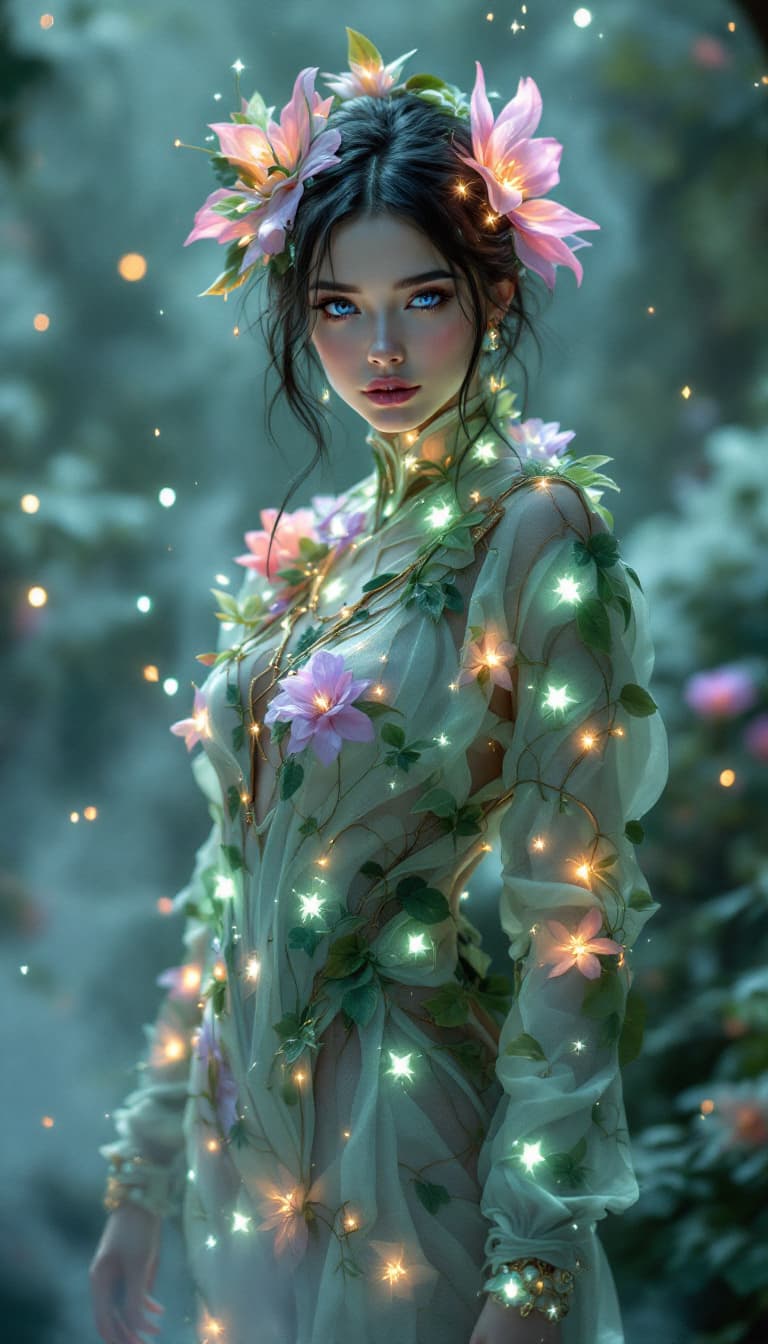 AI generated: An ultra-realistic, full-body portrait of a captivating celestial botanist woman, radiating ethereal...