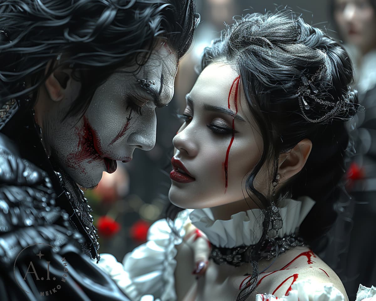 AI generated: A photograph of party with vampires from 1552, by Basil Gogos, Bella Kotak, red color runs from the ...