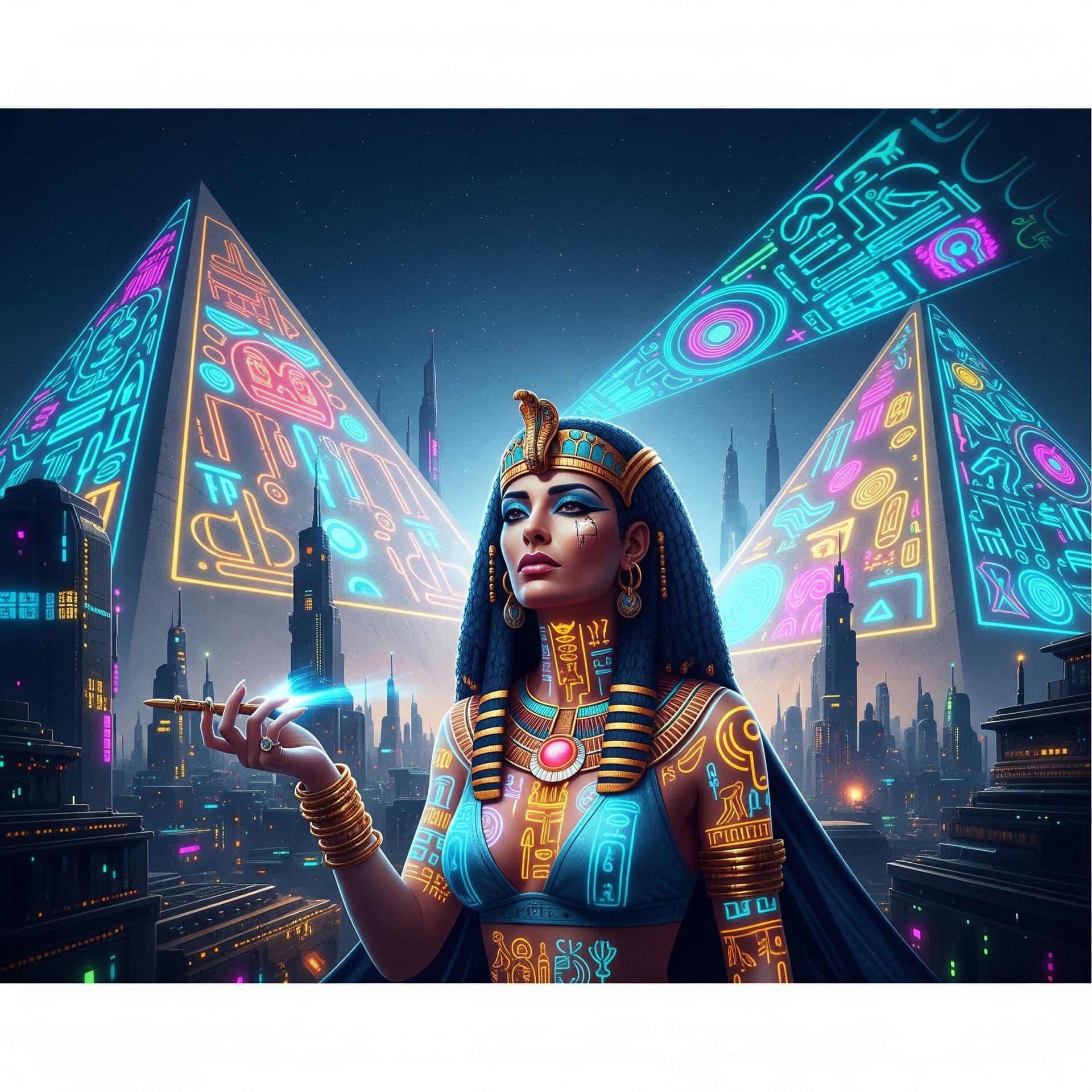 AI generated: Ein lebendiges und surreales Bild, das antike ägyptische und futuristische Cyberpunk-Ästhetik vermis...