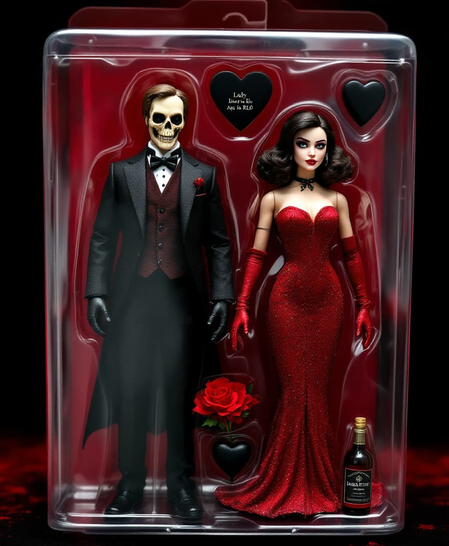 AI generated: A stylized collectible action figure in a toy package labeled "DARKFAITHER and Lady in Red" for ages...