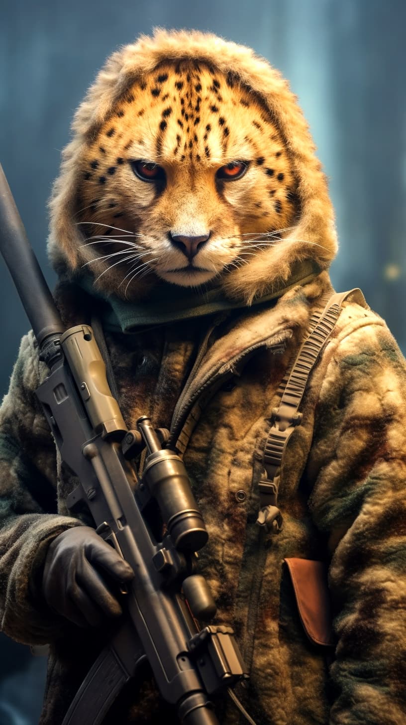 AI generated: Clever cheetah wearing camouflage and sniper gear, holding a sniper rifle, anthropomorphic, super de...