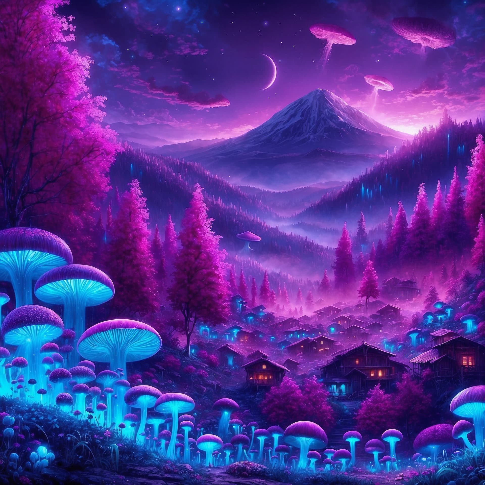 AI generated: Enhance this concept: A breathtaking fantasy alien fungal landscape at night. Imagine magenta trees ...