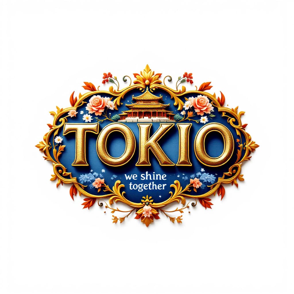 AI generated: 3d "TOKIO"-logo made of gold and blue, featuring the The Forbidden City in Japan with floral pattern...