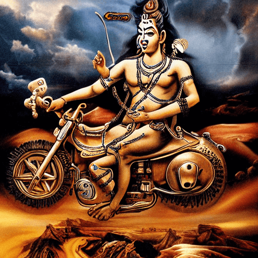 AI generated: God shiva, full body. sitting on a motorcycle. driving downhill. with machine gun on his back. surre...