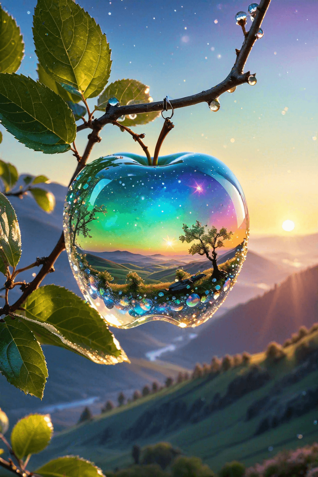 AI generated: a delicate apple made of opal hung on branch in the early morning light, adorned with glistening dew...