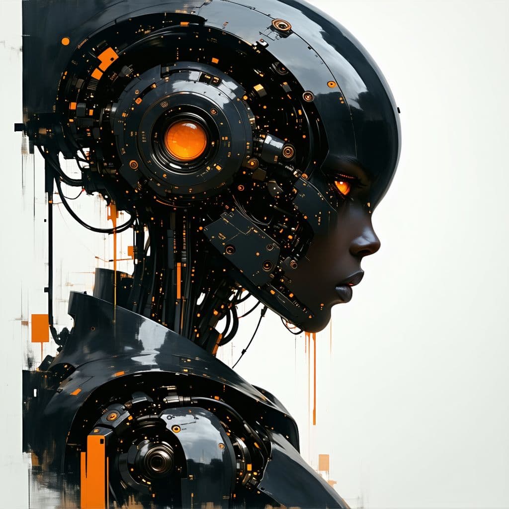 AI generated: artistic, portrait, synthetic human mechanic, complexity with details, empty eye, limited colors are...
