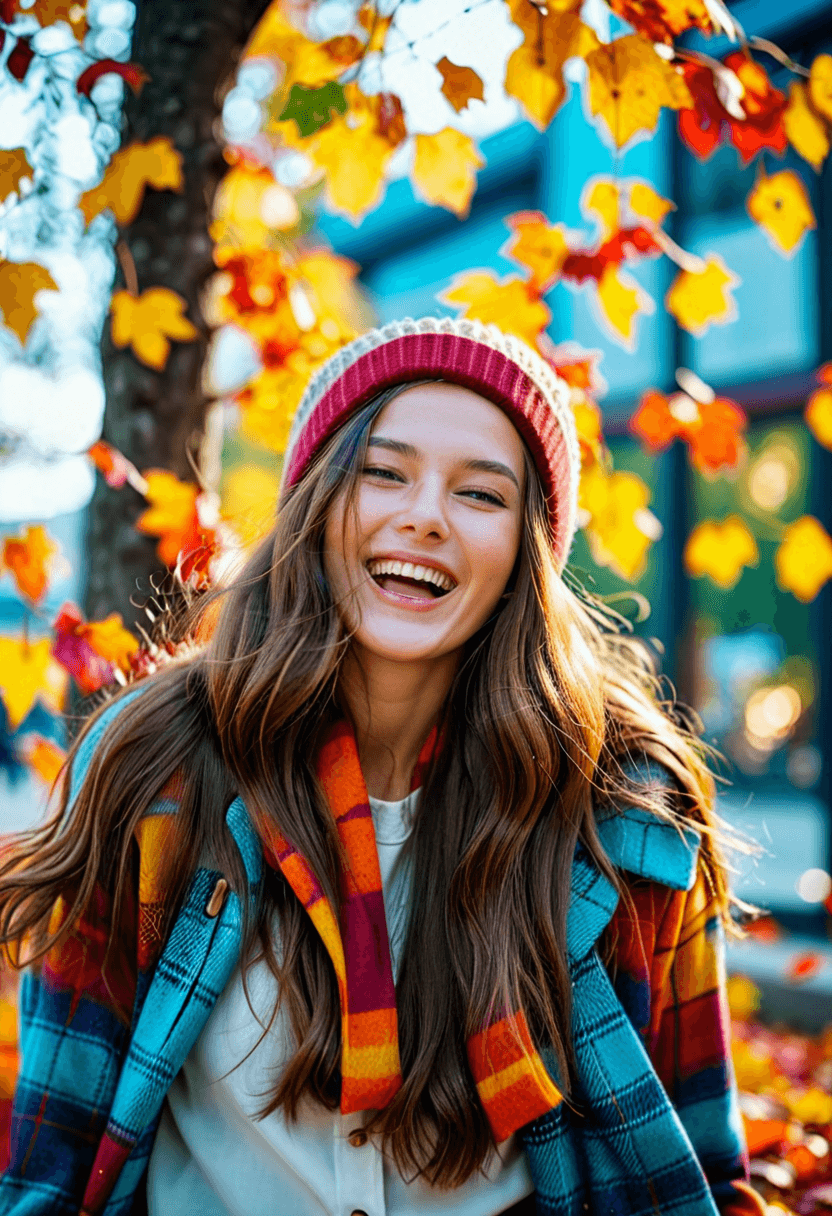 AI generated: cinematic photo woman with long brunette hair, wearing a beanie, long coat, blouse, laughing, vivid ...