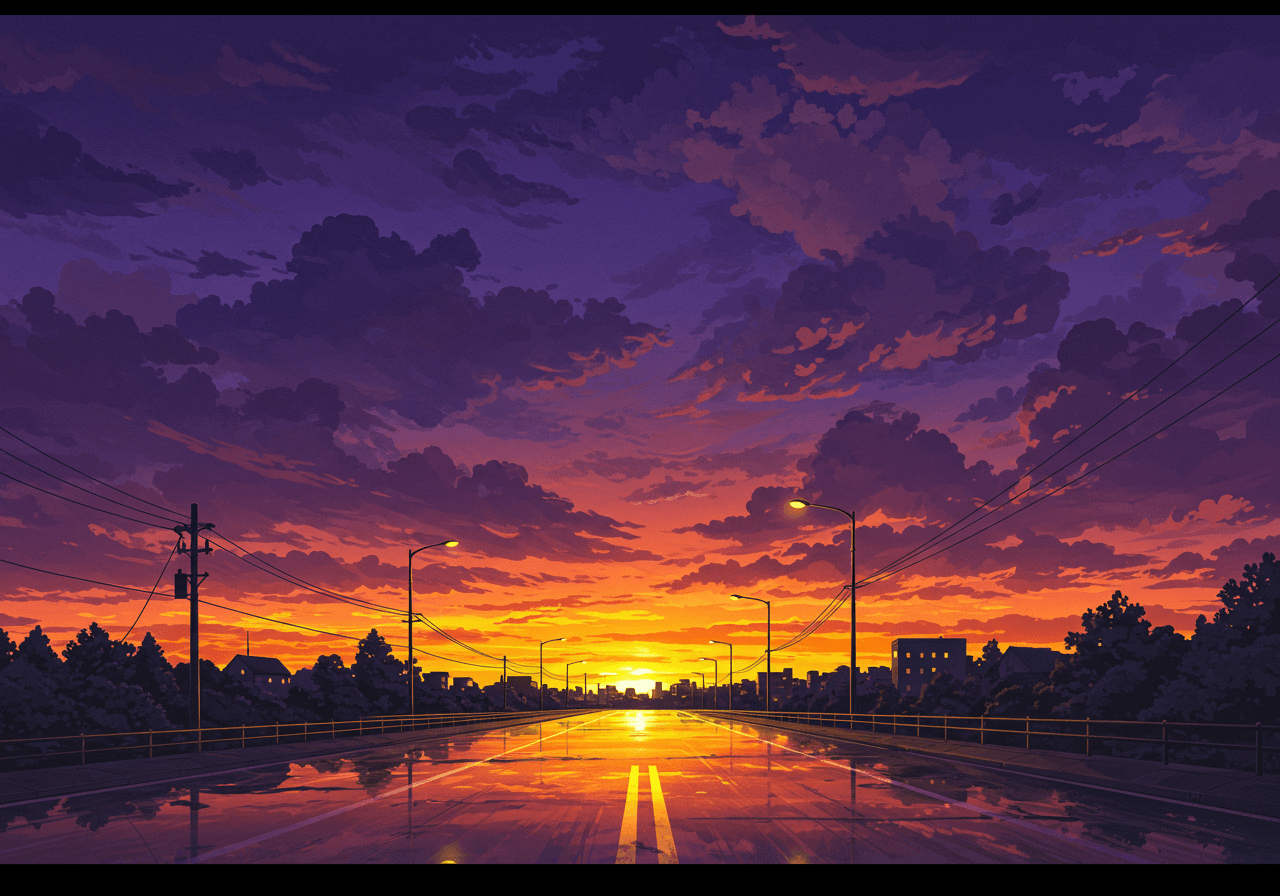 AI generated: vibrant animated dusk scene a dramatic purple sky with swirling clouds, glowing orange sunset hues, ...