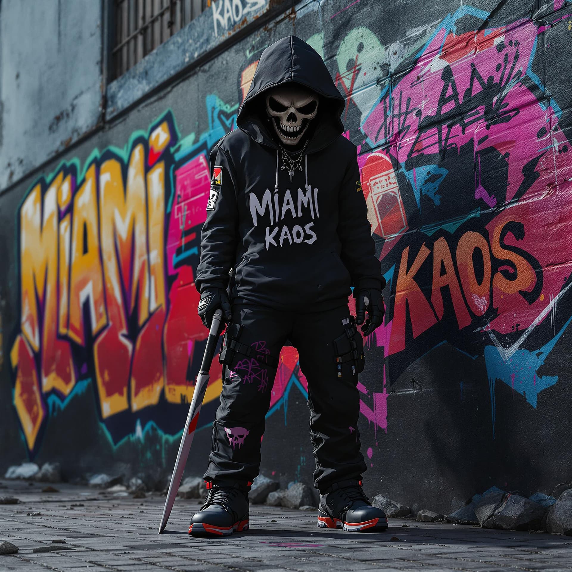 AI generated: full body 3d illustration anime styled graffiti anime character wearing a dark ski mask with a skull...