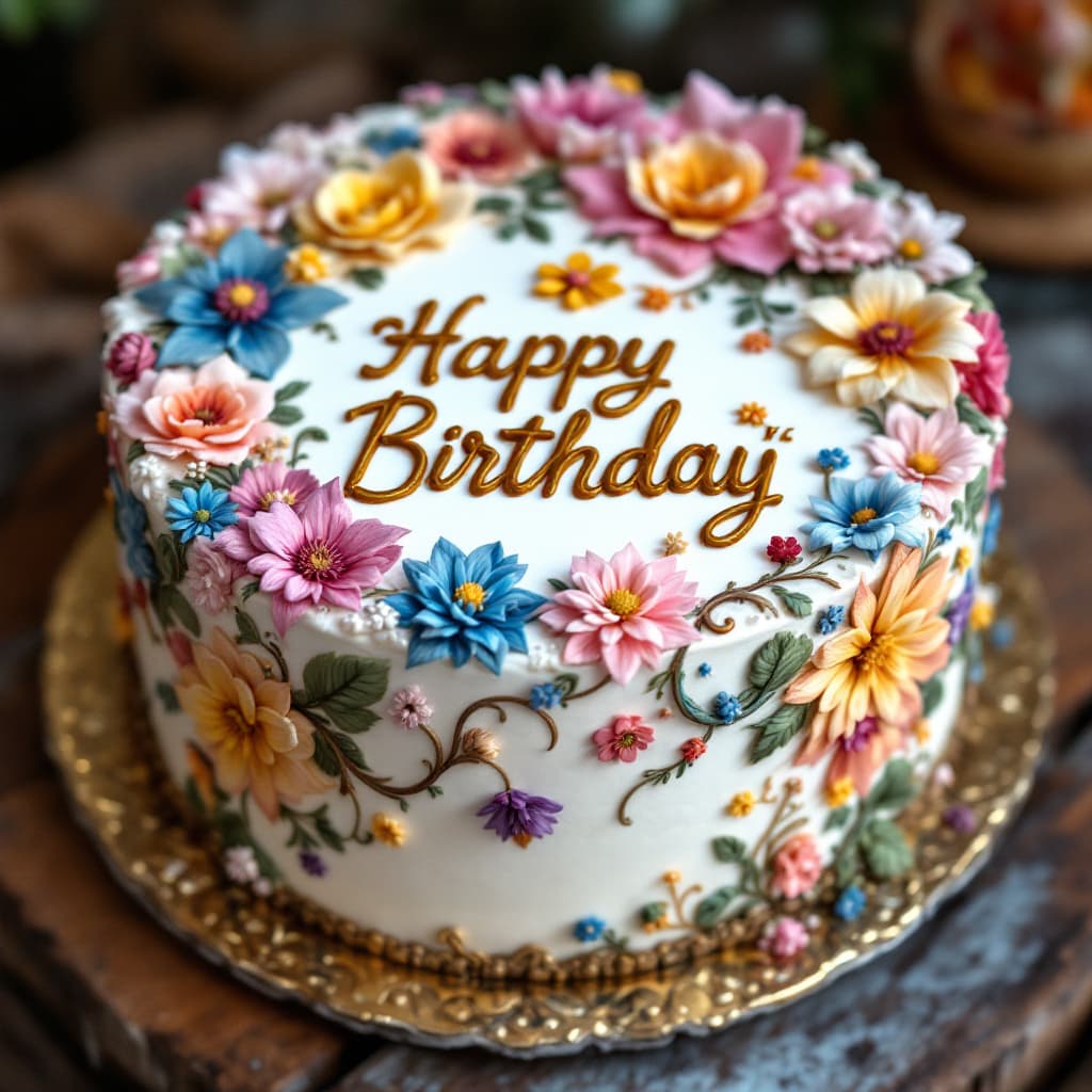 AI generated: Create a white cake with colorful floral designs on top, in the style of intricate etchings, swirlin...