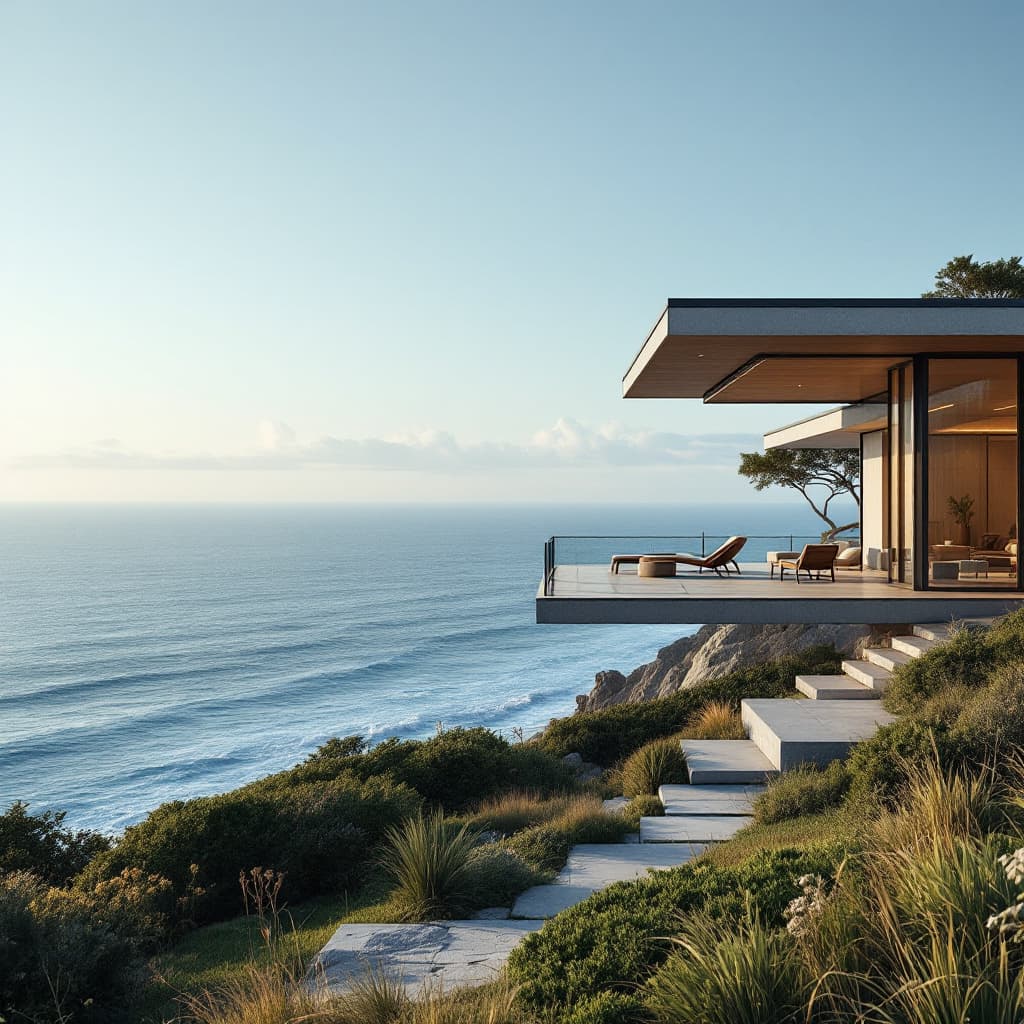 AI generated: Hyper realistic eye level exterior photo of a mid century modern style house overlooking the ocean, ...