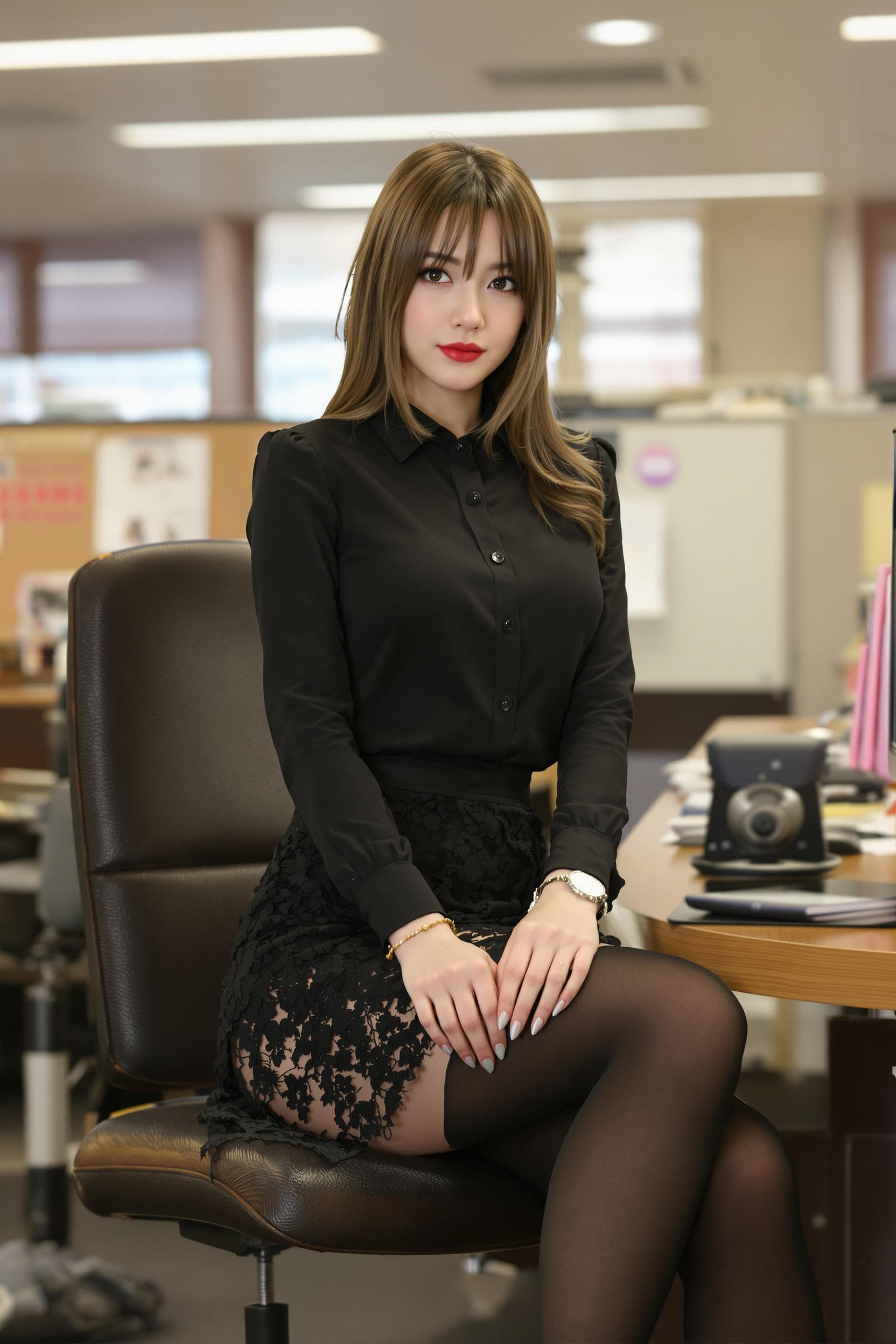 AI generated:  A highly attractive anime  woman .  A pretty model wearing a black blouse with a black lace skirt a...