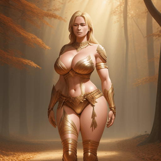 AI generated: full body portrait of blond amazon warrior, voluptuous, cleavage, slight smile, diffuse natural sun ...