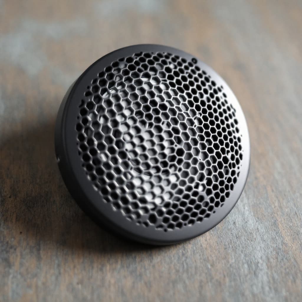 AI generated: A 2-inch circular speaker cover with a unique and intricate grill design. The grill pattern should b...