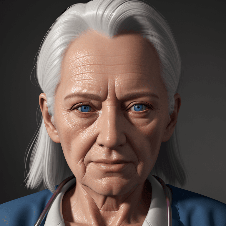 AI generated: hyper realistic headshot photo of a elderly nurse, looking into the camera, hyper realism, high deta...