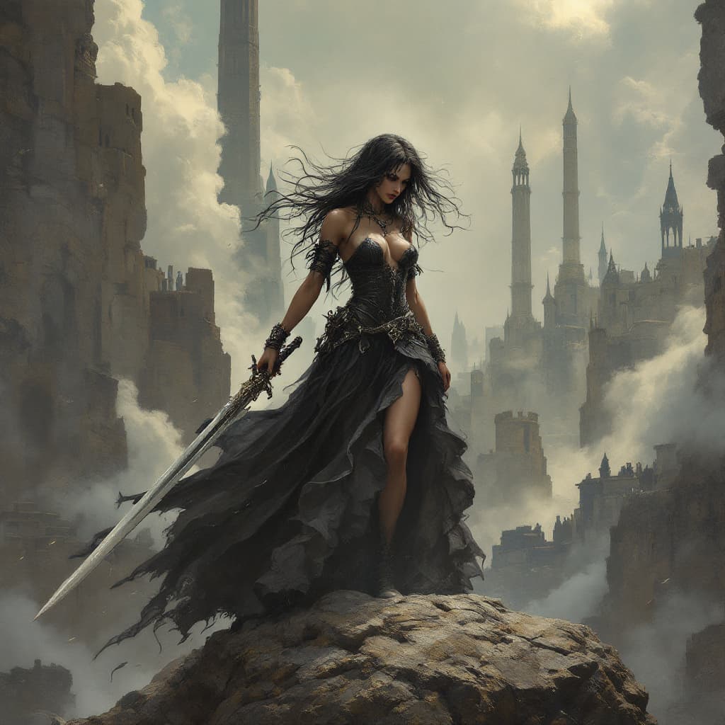 AI generated: painting of a woman with a sword on a rock in the city, fantasy art, gothic art, by Luis Royo, style...