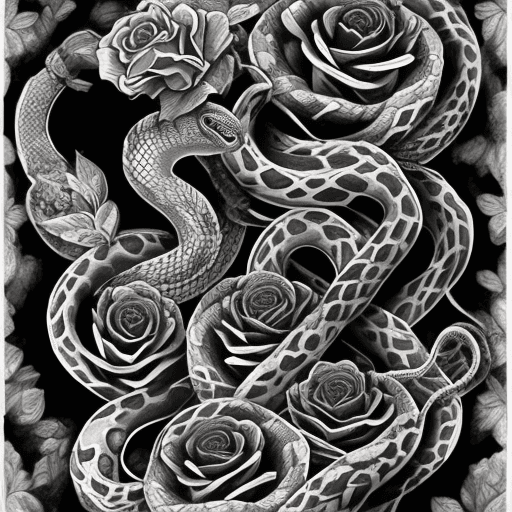 AI generated: snakes with flowers, tattoo sketch, smooth transitions, black patterns, more details, more flowers, ...