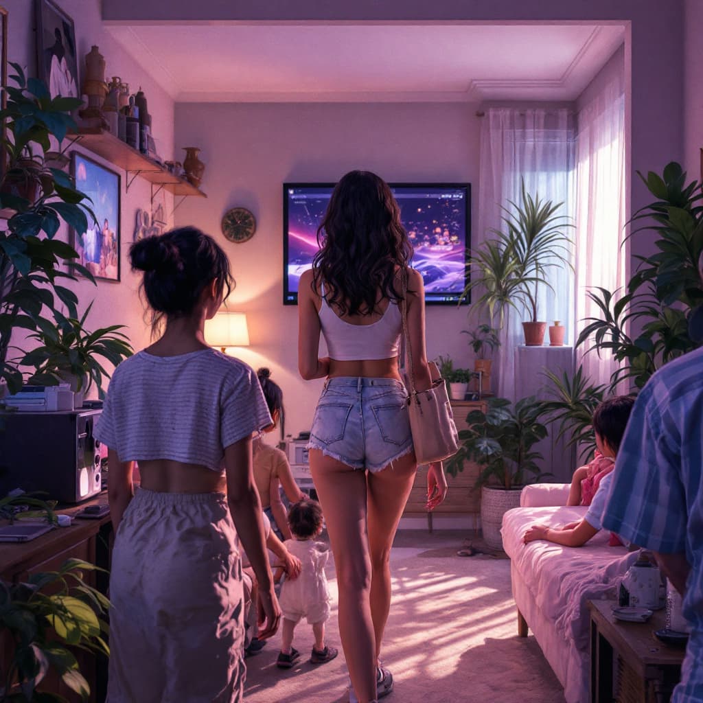 AI generated: Girl asia walk nacked in room with people watch her