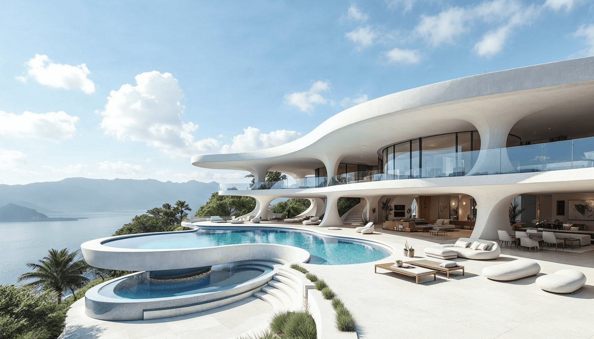 AI generated: futuristic mid-century modern mansion shaped like a phoenix, with seamless indoor-outdoor living
sp...