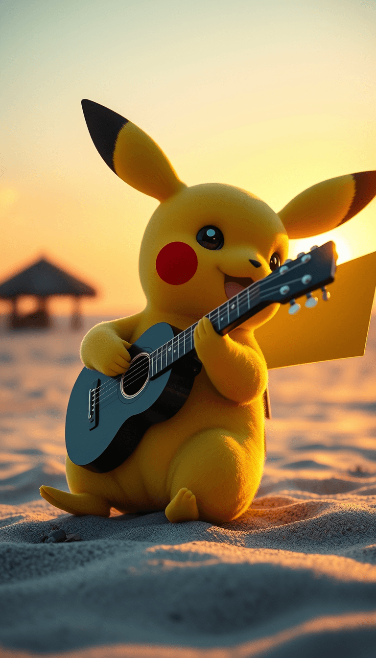 AI generated: A photorealistic depiction of a cute little Pikachu, setting on the beach and playing guitar, set ag...