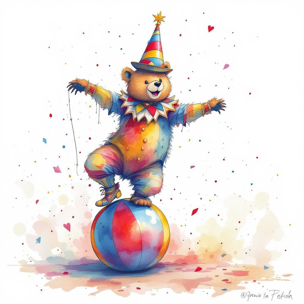 AI generated: Watercolor wax mix, Steampunk Style of a circus bear dancing on top of a ball, Isolate on White back...