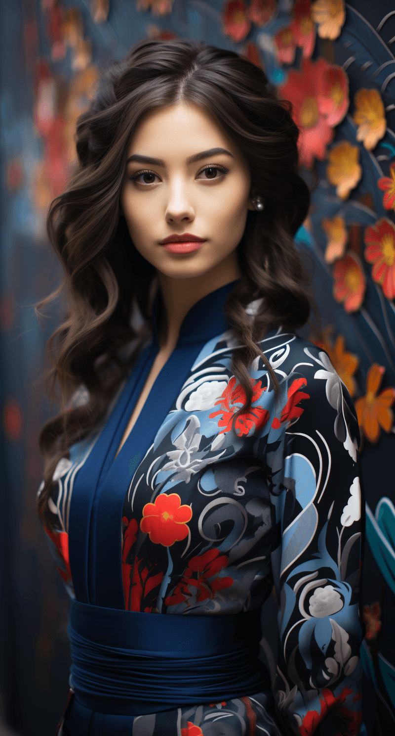 AI generated: a woman standing alone outdoors with her long hair, in the style of asian-inspired motifs, dark silv...