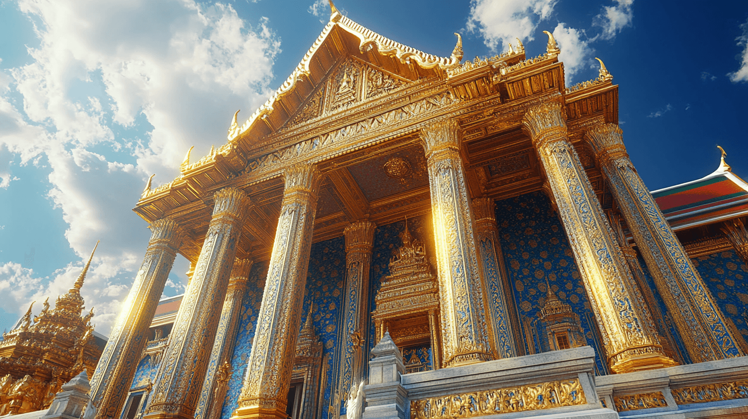 AI generated: Grand Palace of Thailand, majestic, close-up, clear, blue sky and white clouds, gold, gold, red, 3D ...