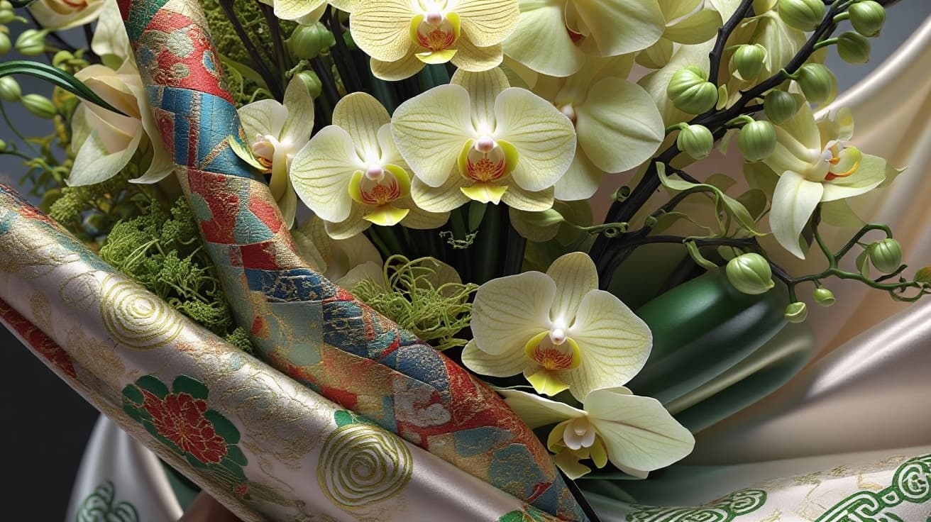 AI generated:  a work of art  in a  glossy satin silk fabric white orchid in 3d, each petals are  made of contrast...