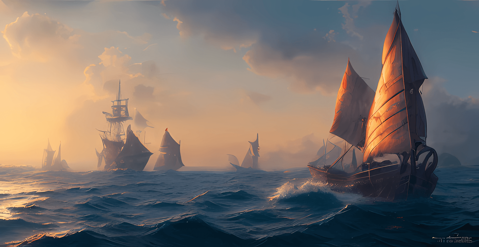 AI generated:  a boat sitting in the water during sunset, in the style of greg rutkowski, dream ocean,calm and ser...
