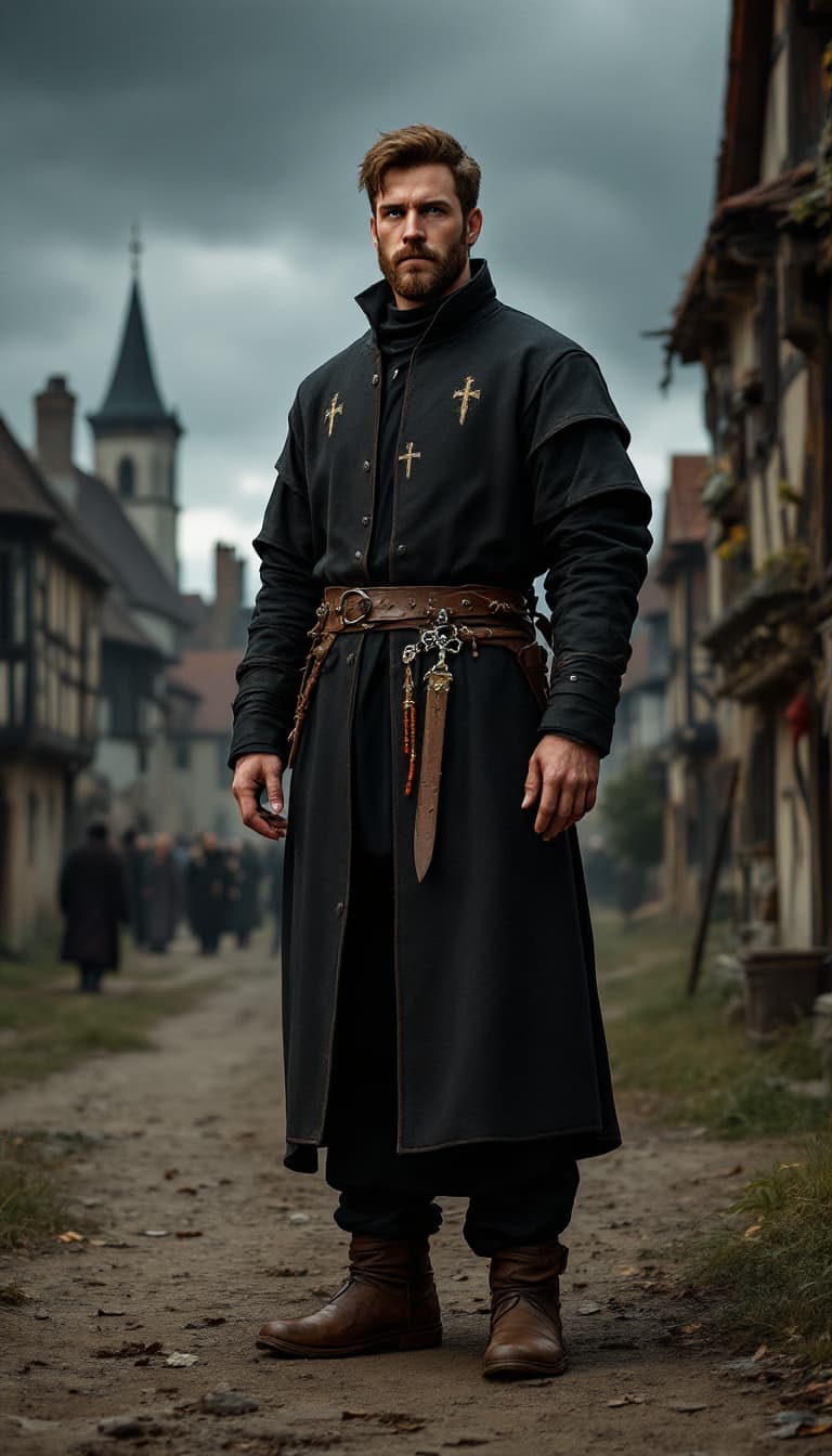 AI generated: "Full-body portrait of Mathias de Montclare, a solemn inquisitor in his mid-thirties. He is tall and...