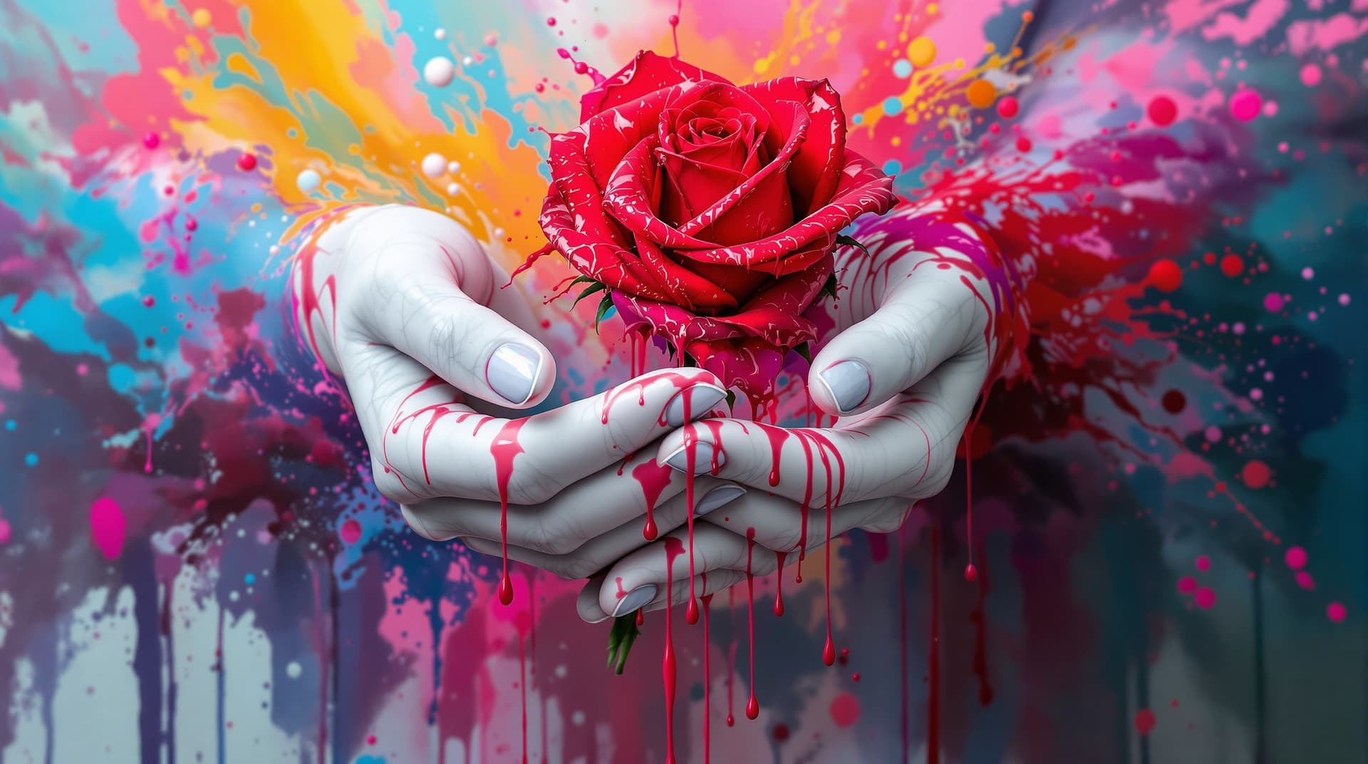 AI generated:  random pose,  two hands white marble skin, giving   a   rose ,the flower is made of dripping liquid...